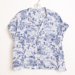 Joie Shirt Linen Short Sleeve Button Up Blue White Tropical Print